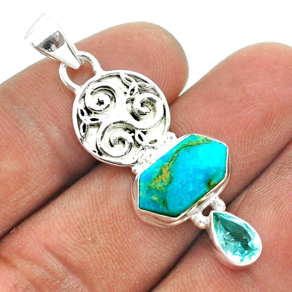 7.49cts hexagon blue arizona mohave turquoise topaz 925 silver pendant t55382