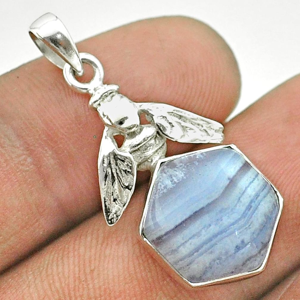 6.16cts hexagon natural blue lace agate 925 silver bee pendant jewelry t55317