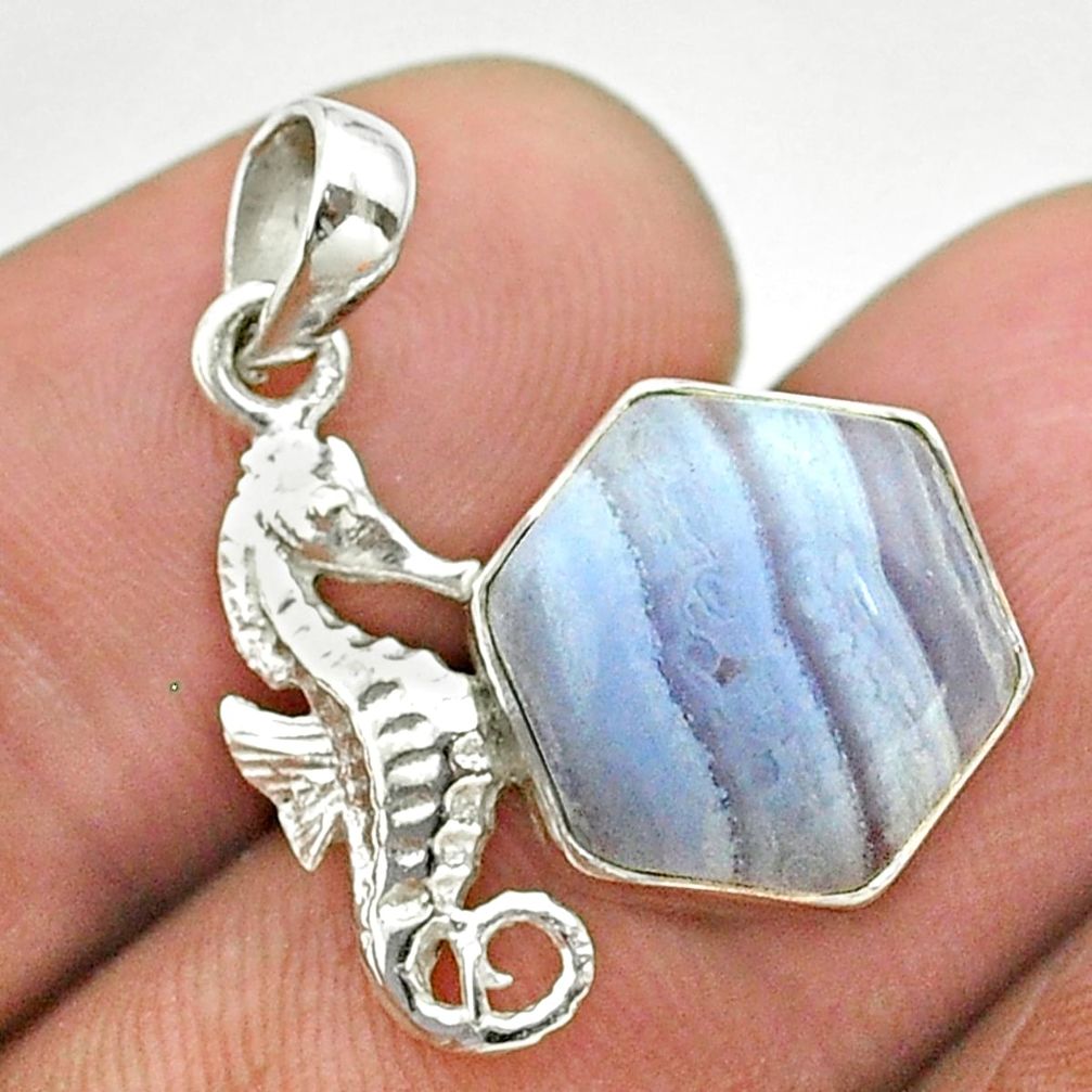 6.26cts hexagon natural blue lace agate 925 silver seahorse pendant t55289