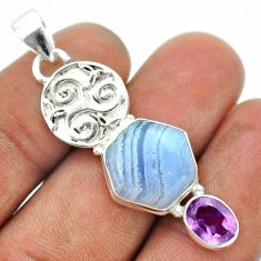 8.99cts hexagon natural blue lace agate amethyst 925 silver pendant t55448