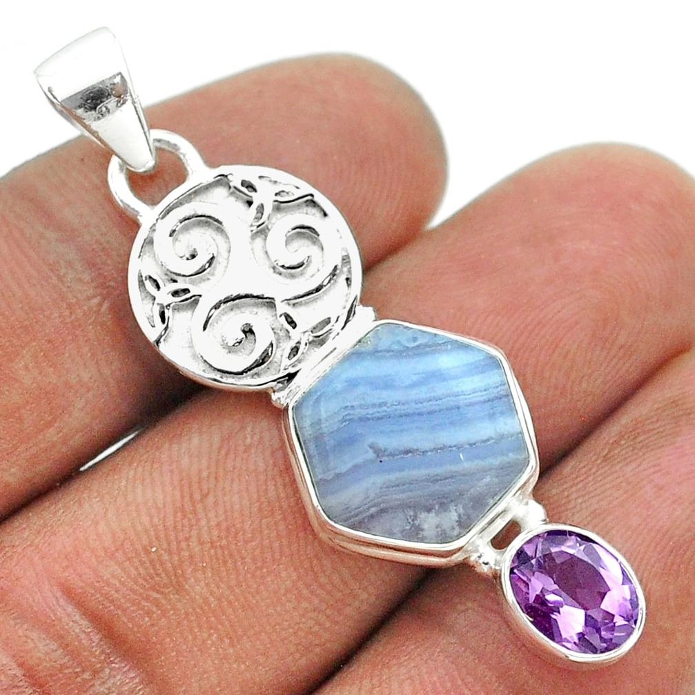 8.99cts hexagon natural blue lace agate amethyst 925 silver pendant t55459