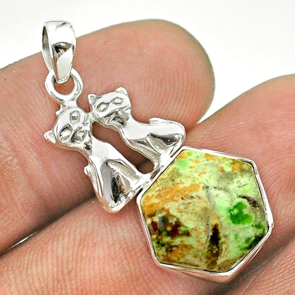 5.45cts hexagon natural chrome chalcedony 925 silver two cats pendant t55305