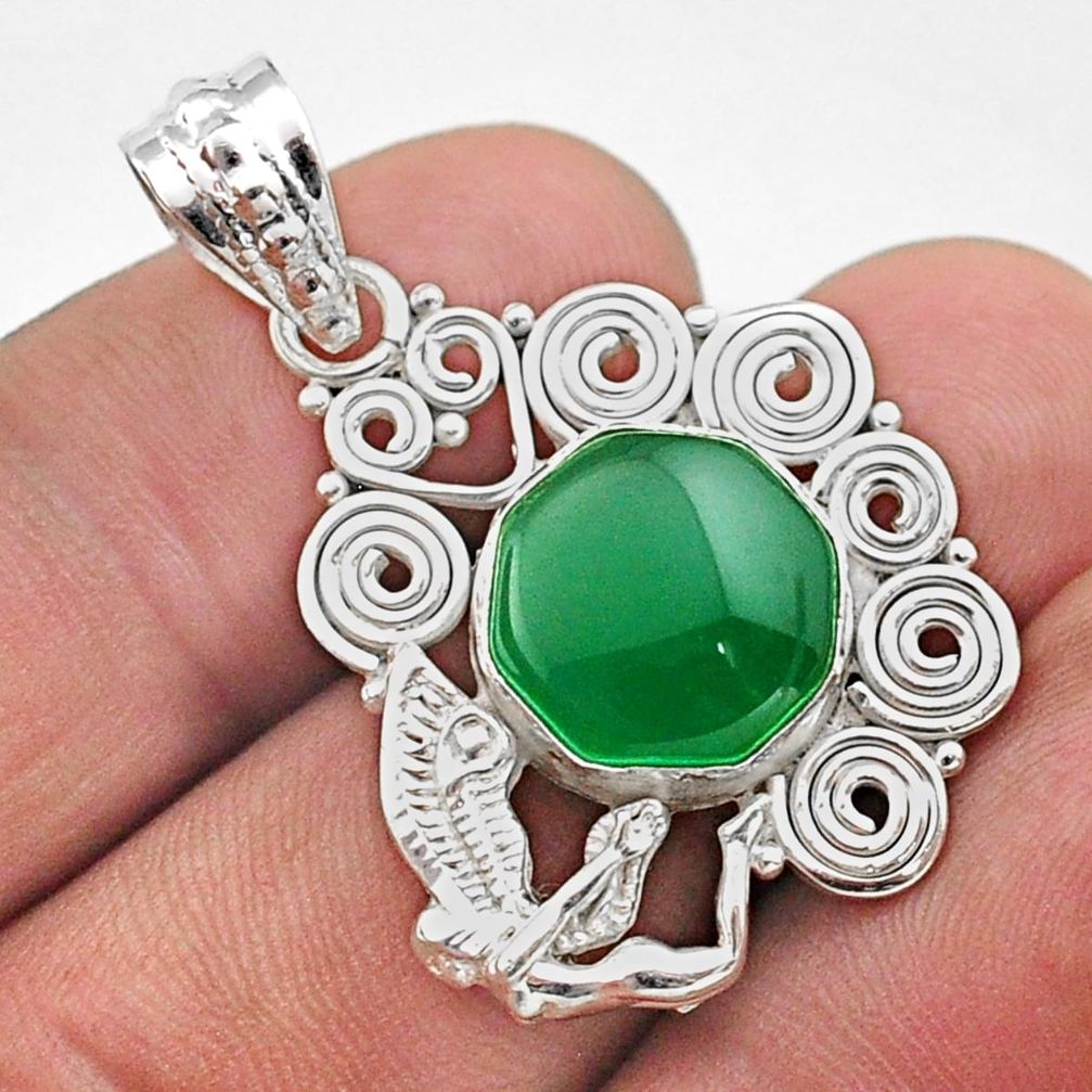 6.76cts hexagon natural green chalcedony 925 silver angel pendant t64816