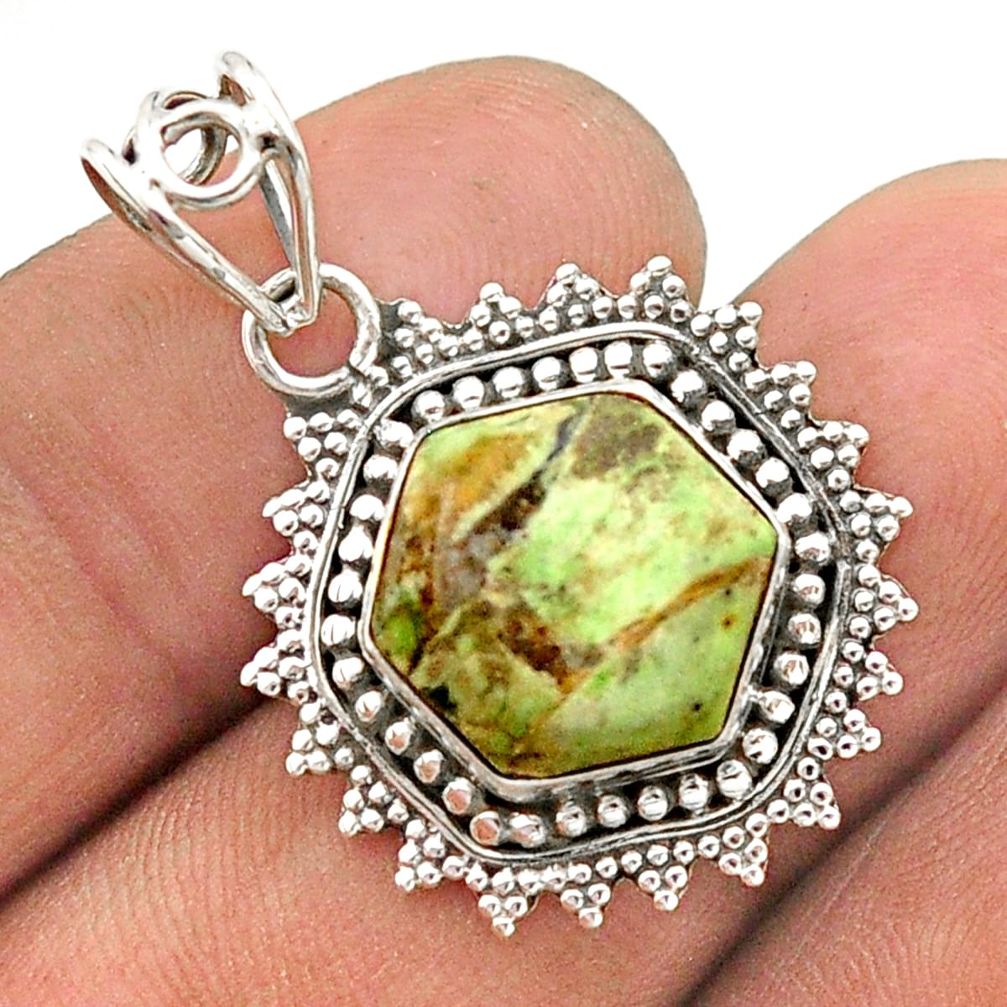 6.82cts hexagon natural green gaspeite hexagon sterling silver pendant t63771