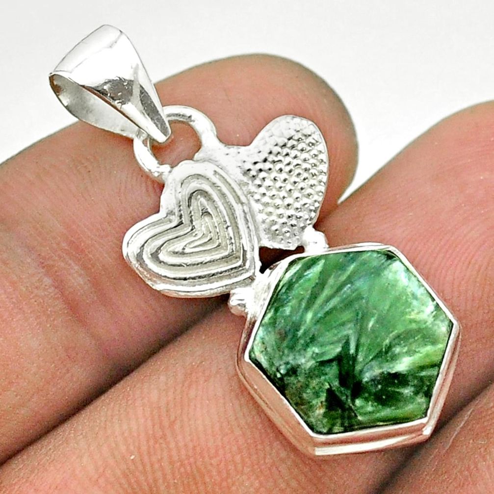 6.39cts hexagon natural green seraphinite 925 sterling silver pendant t55322