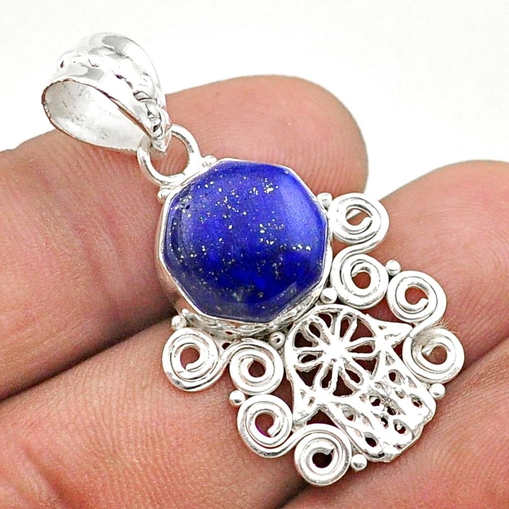 6.36cts hexagon natural lapis lazuli 925 silver hand of god hamsa pendant t64869