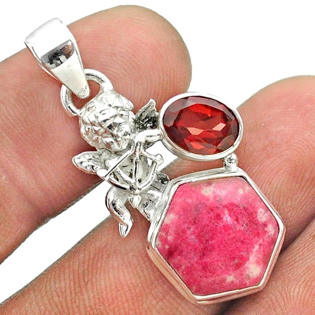 8.77cts hexagon natural pink thulite garnet 925 silver angel pendant t55494