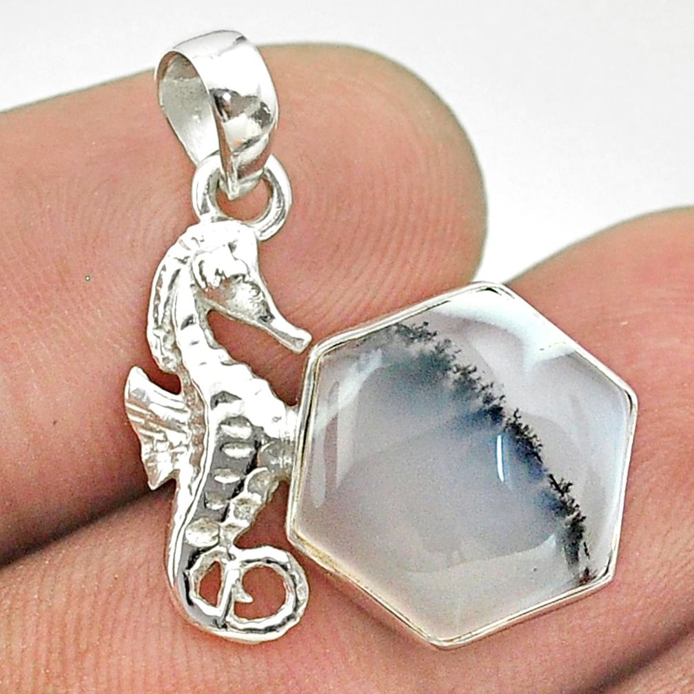 6.52cts hexagon natural white dendrite opal 925 silver seahorse pendant t55255