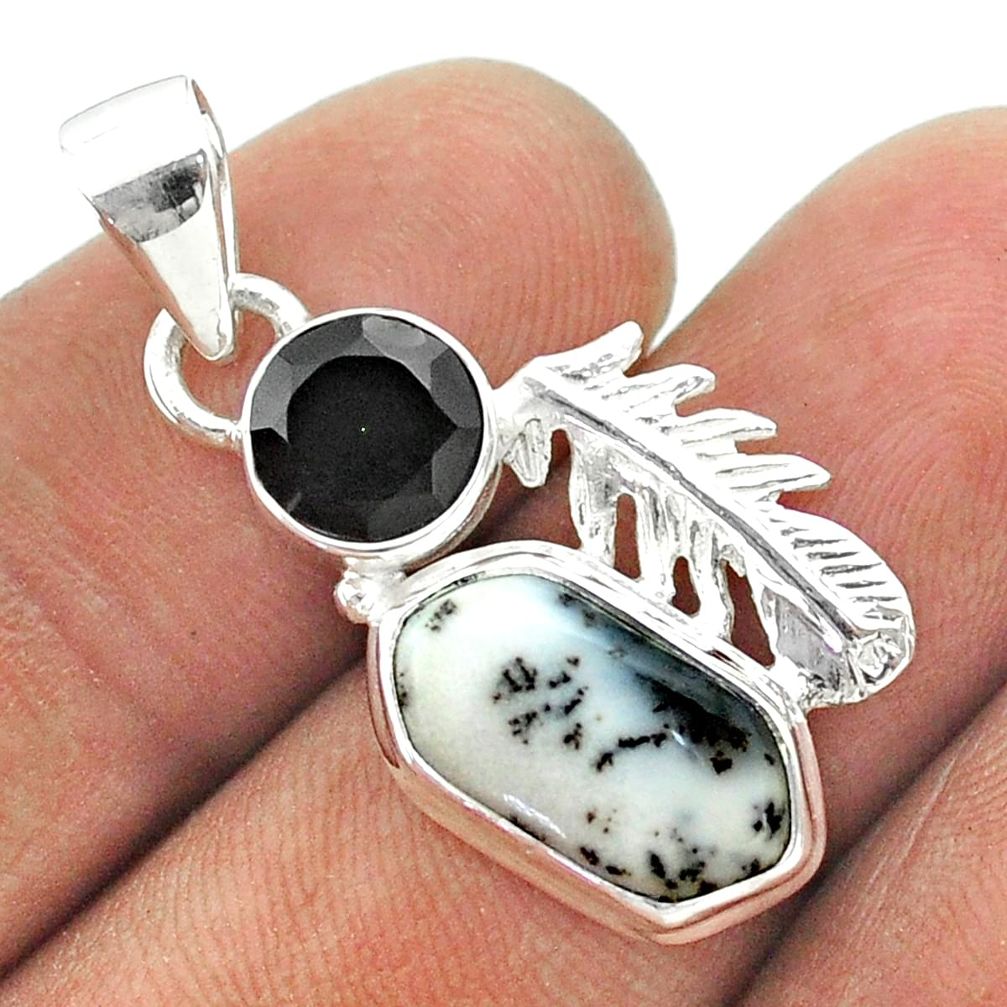 6.45cts hexagon natural white dendrite opal feather onyx silver pendant t55385