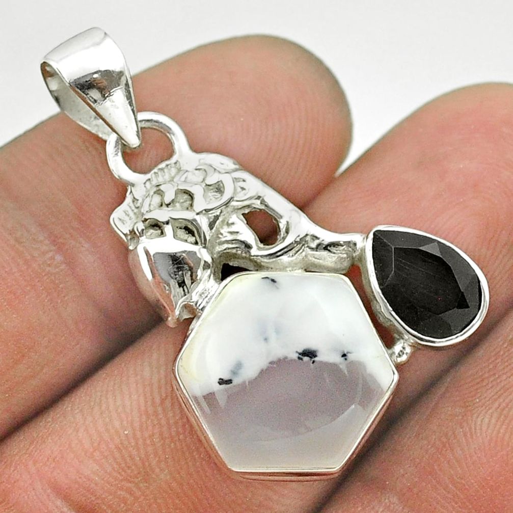 10.60cts hexagon natural white dendrite opal onyx silver fish pendant t55325