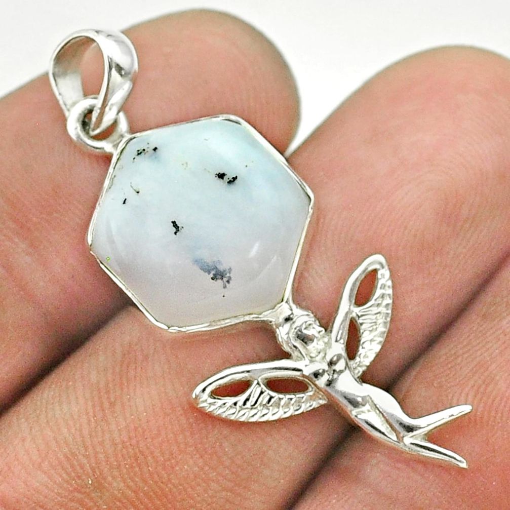 7.93cts hexagon white dendrite opal 925 silver angel wings fairy pendant t55267