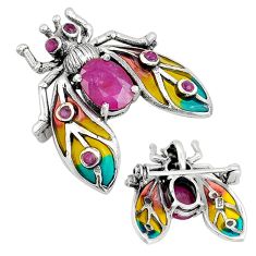 3.01cts honey bee red ruby yellow green enamel 925 silver brooch pendant c29443