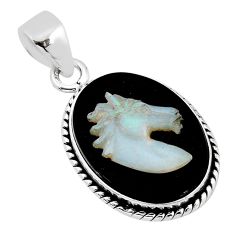 9.52cts horse face black opal cameo on black onyx oval 925 silver pendant y71511