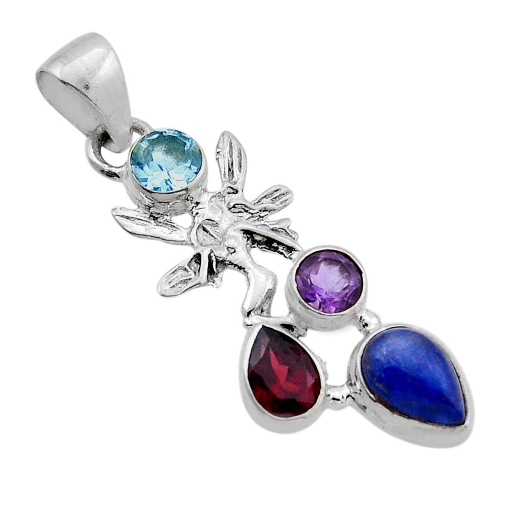 5.29cts kyanite amethyst garnet topaz silver angel wings fairy pendant n51382