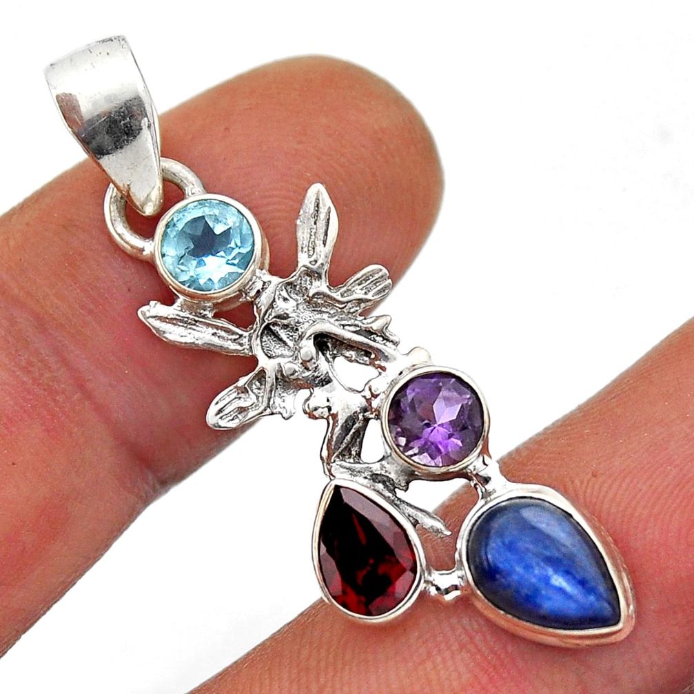 5.50cts kyanite amethyst garnet topaz silver angel wings fairy pendant n51624