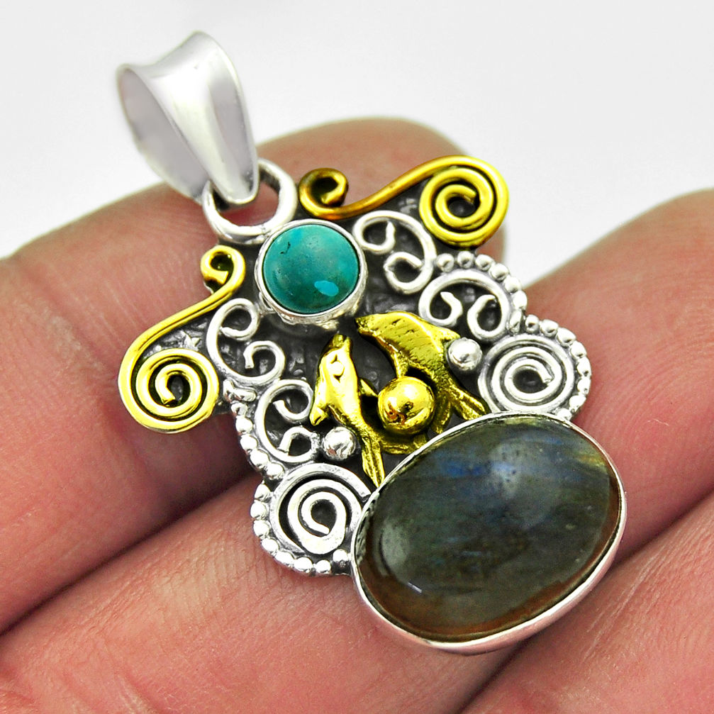 7.13cts labradorite oval  turquoise silver gold dolphin pendant n25718