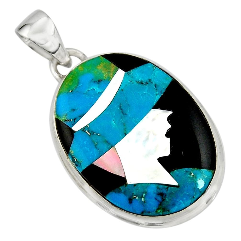 Lady cameo natural blue chrysocolla onyx 925 sterling silver pendant r26446