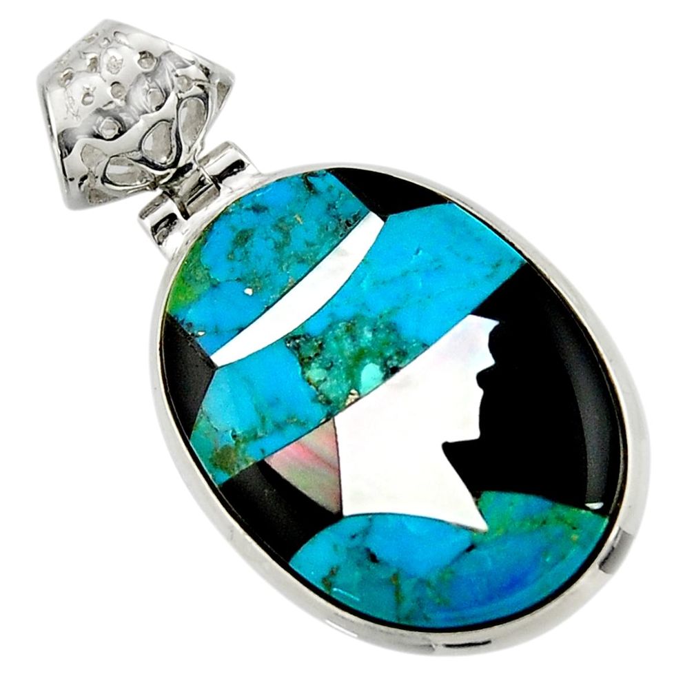 Lady cameo natural blue chrysocolla onyx 925 sterling silver pendant r26447