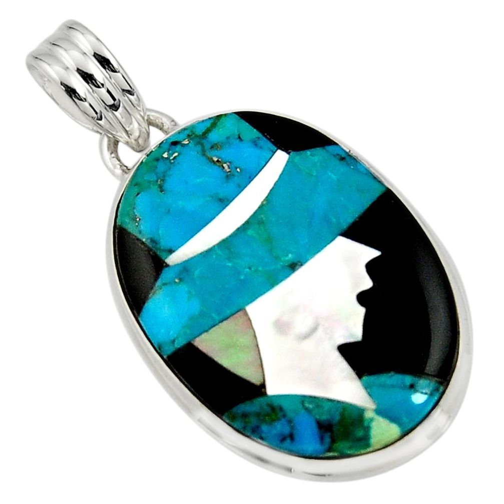 Lady cameo natural blue chrysocolla onyx 925 sterling silver pendant r26449