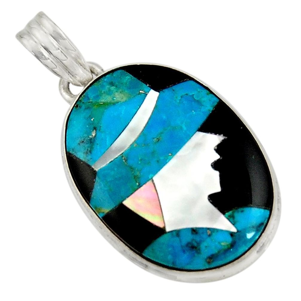 Lady cameo natural blue chrysocolla onyx 925 sterling silver pendant r26450