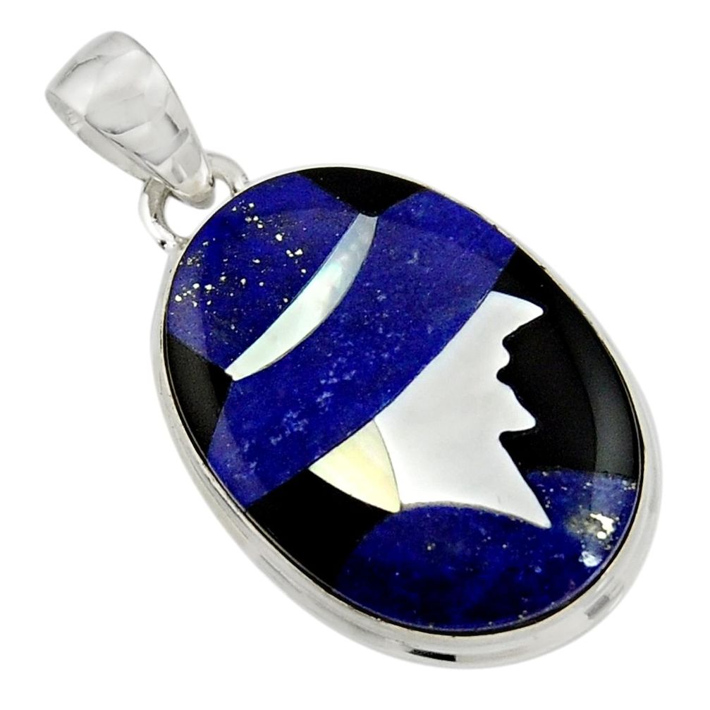 Lady cameo natural blue lapis lazuli onyx 925 sterling silver pendant r26455