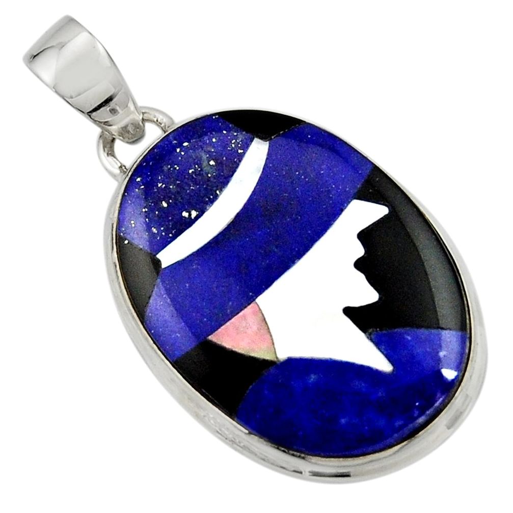 Lady cameo natural blue lapis lazuli onyx 925 sterling silver pendant r26458