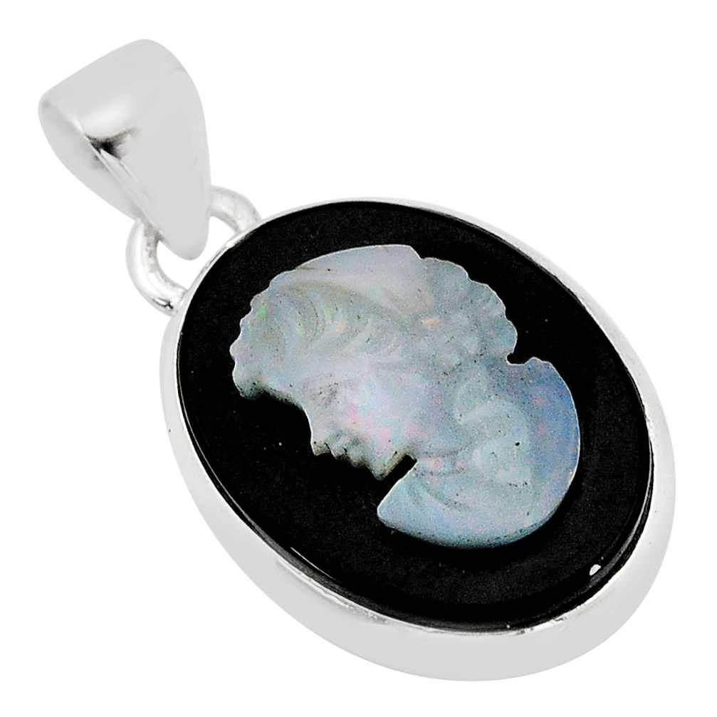 9.16cts lady face black opal cameo on black onyx oval 925 silver pendant y71470
