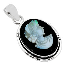 11.23cts lady face black opal cameo on black onyx oval 925 silver pendant y71471