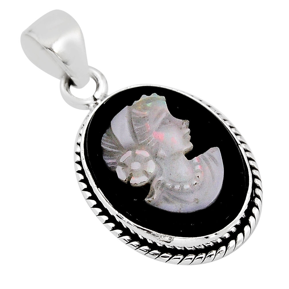 10.78cts lady face black opal cameo on black onyx oval 925 silver pendant y71473