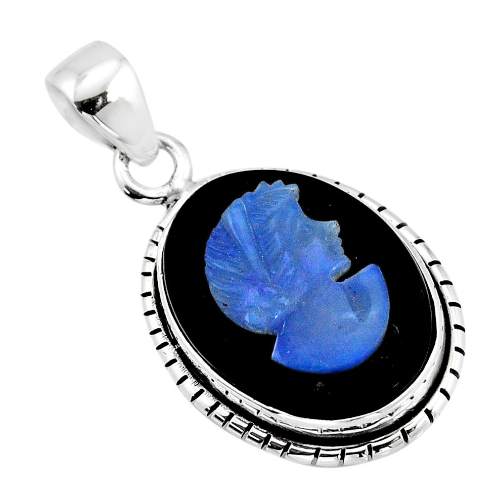 10.39cts lady face black opal cameo on black onyx oval 925 silver pendant y71490
