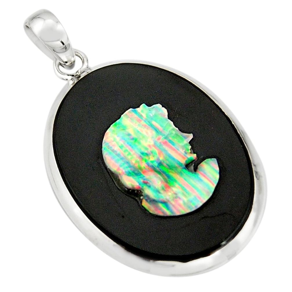 16.85cts lady face natural black opal cameo on black onyx silver pendant r20205