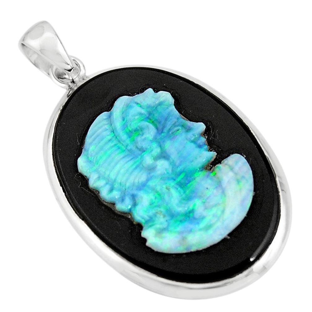 17.91cts lady face natural black opal cameo on black onyx silver pendant r20209