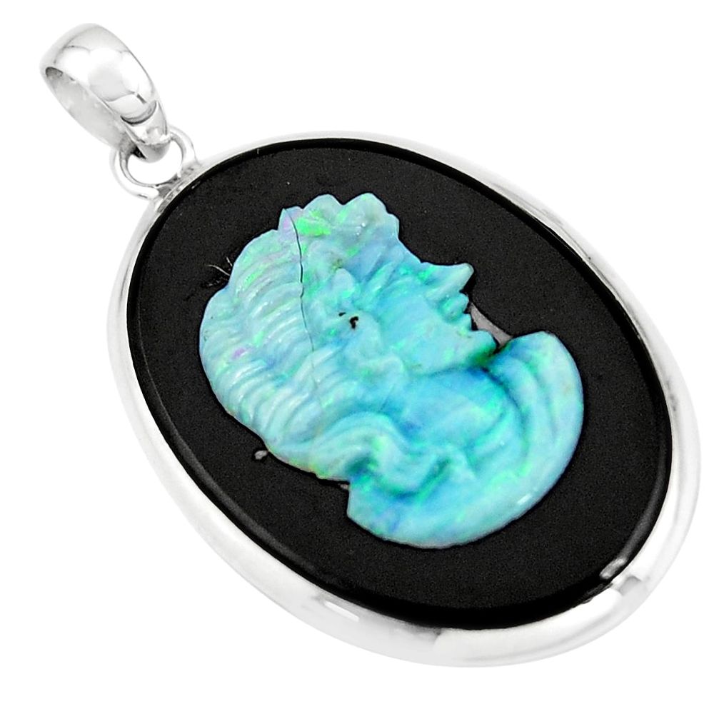 16.85cts lady face natural black opal cameo on black onyx silver pendant r20210