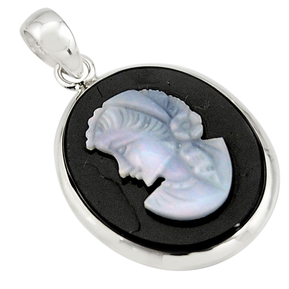 16.28cts lady face natural black opal cameo on black onyx silver pendant r20213