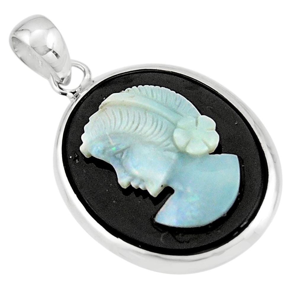 16.28cts lady face natural black opal cameo on black onyx silver pendant r20214