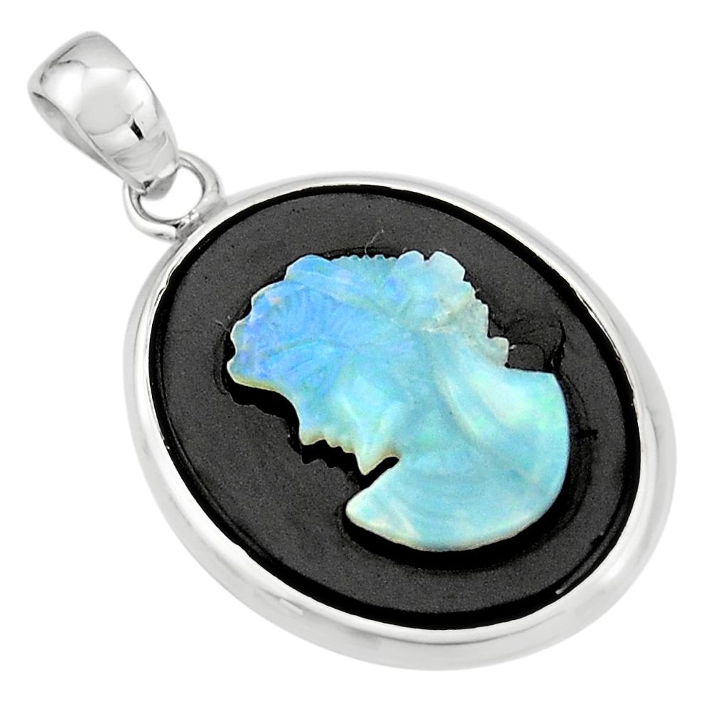 14.22cts lady face natural black opal cameo on black onyx silver pendant r20215