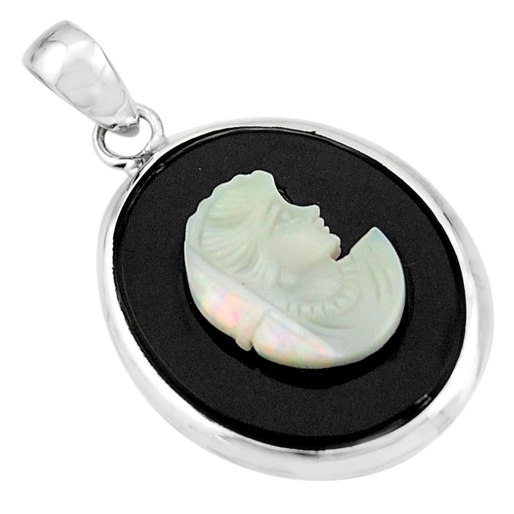 16.28cts lady face natural black opal cameo on black onyx silver pendant r20218