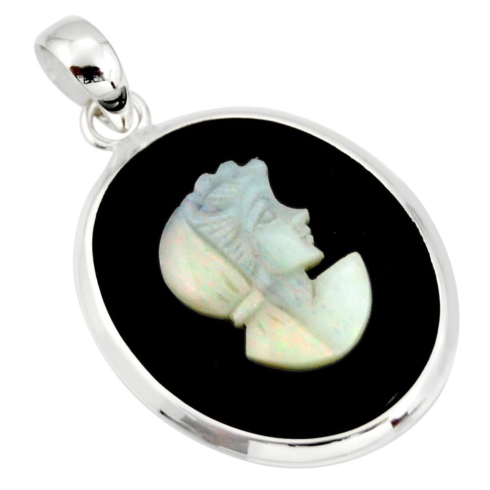 13.68cts lady face natural black opal cameo on black onyx silver pendant r20459