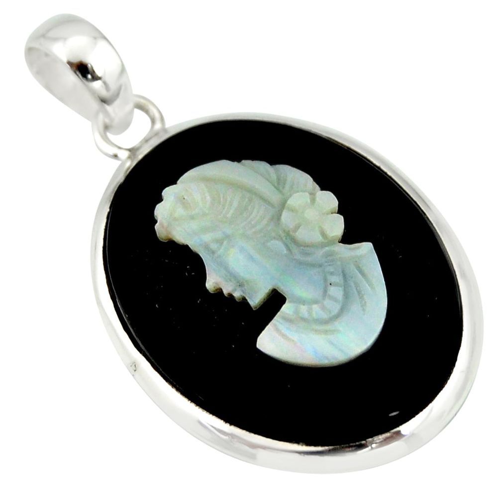 15.31cts lady face natural black opal cameo on black onyx silver pendant r20888