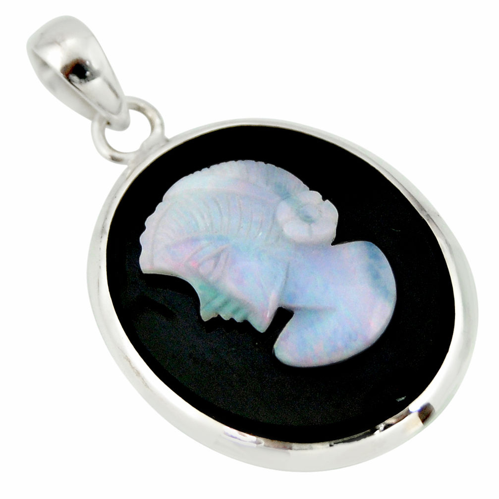 14.23cts lady face natural black opal cameo on black onyx silver pendant r20890