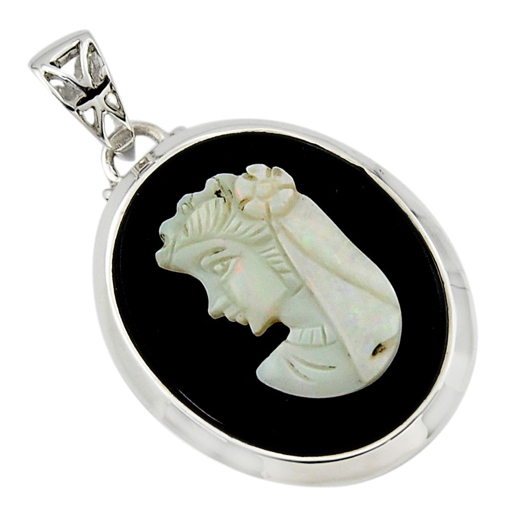 17.42cts lady face natural opal cameo on black onyx 925 silver pendant r48783