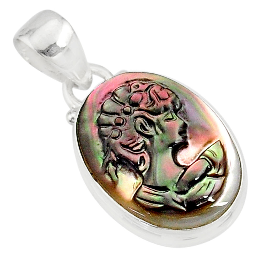 9.22cts lady face natural titanium cameo on shell 925 silver pendant r80372