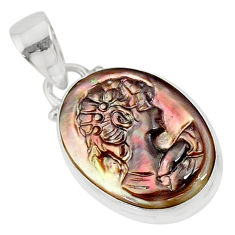 8.15cts lady face natural titanium cameo on shell 925 silver pendant r80389
