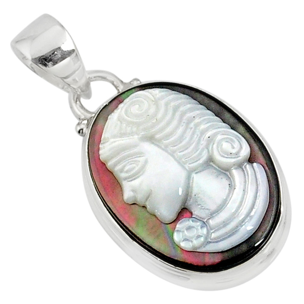 10.65cts lady face natural titanium cameo on shell 925 silver pendant r80392