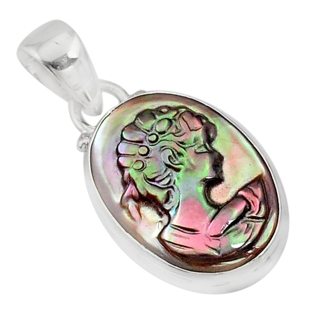 7.57cts lady face natural titanium cameo on shell 925 silver pendant r80400