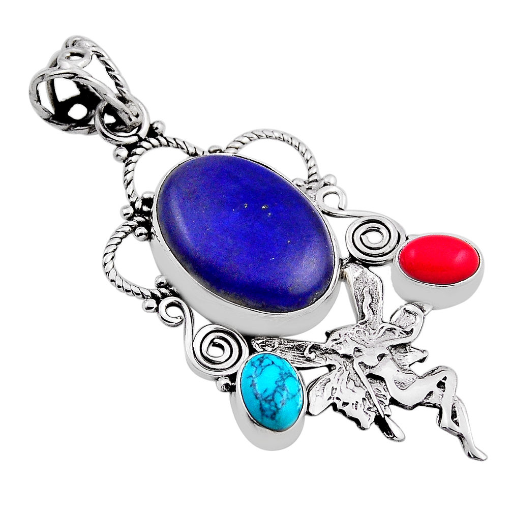 14.26cts lapis lazuli coral turquoise silver angel wings fairy pendant n25154