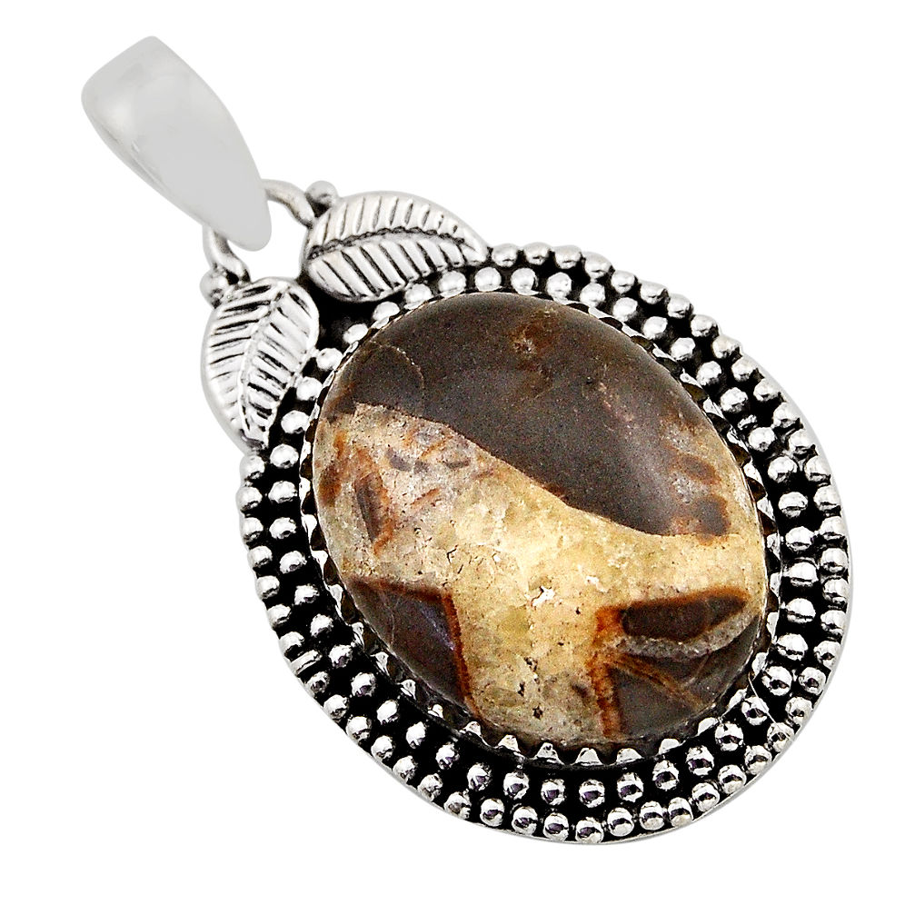 17.23cts leaf natural brown septarian gonads 925 sterling silver pendant n1046