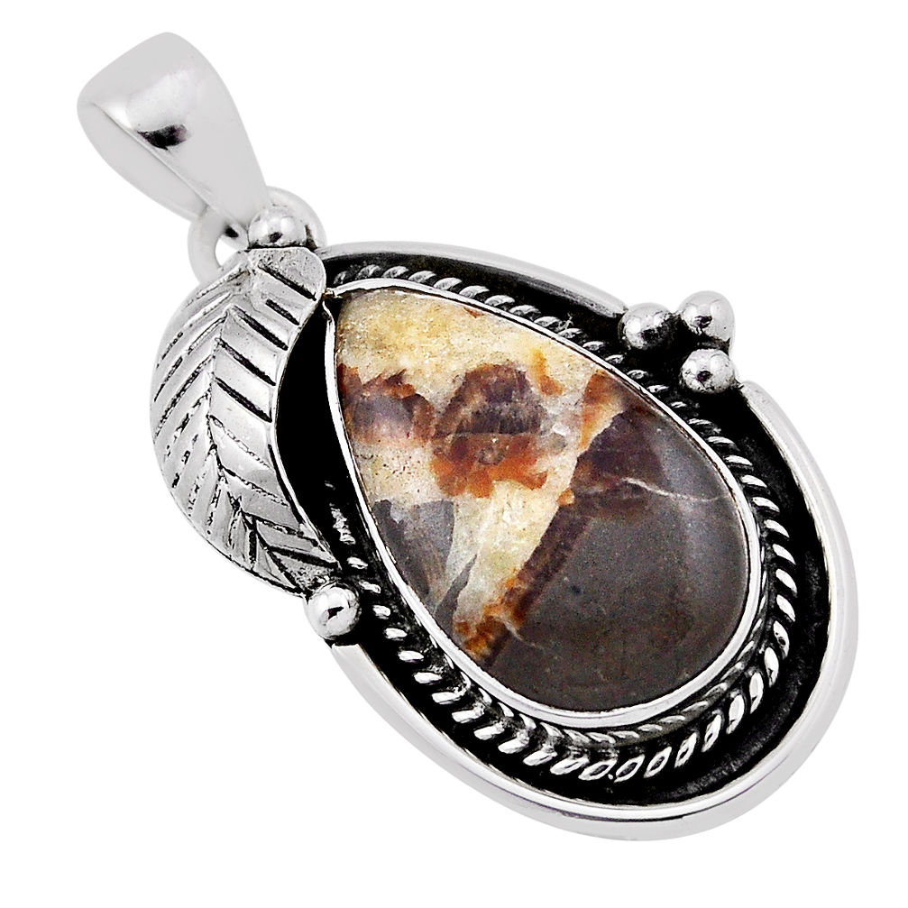 13.41cts leaf natural brown septarian gonads 925 sterling silver pendant n33147