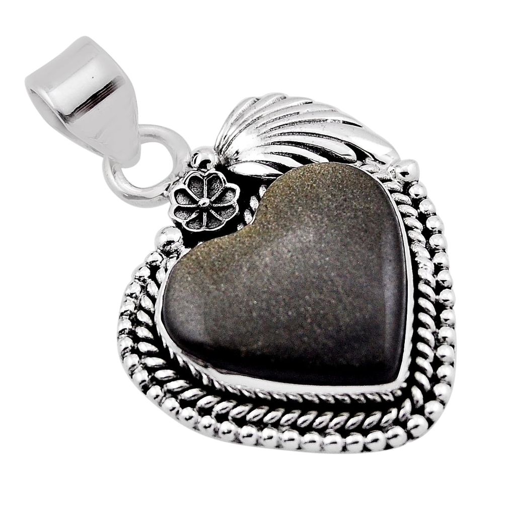 15.41cts leaf natural golden sheen black obsidian heart silver pendant n35089