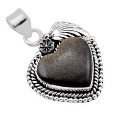 15.41cts leaf natural golden sheen black obsidian heart silver pendant n35089